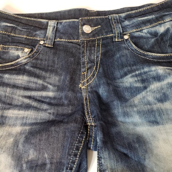 Buffalo Jackson Mid Rise Bermuda Denim Shorts size 30 32 Acid Wash Distressed - Picture 2 of 9